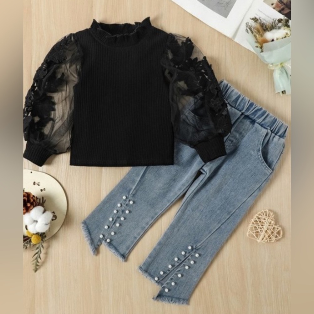 Girls’ Lace Puff Sleeve Top with Denim Pearl Beaded Pants
